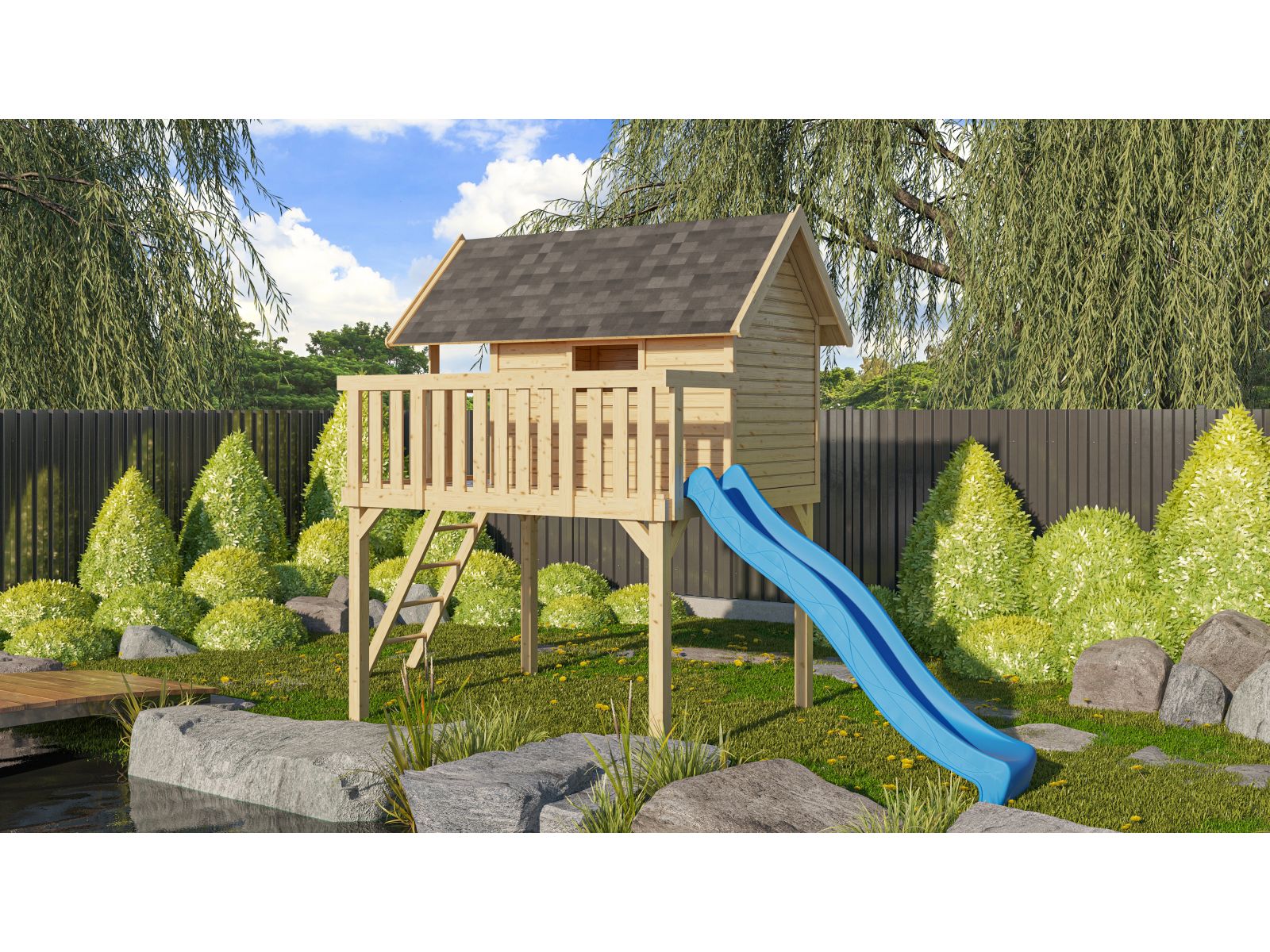 Karibu Stelzenhaus Fidel naturbelassen + Rutsche blau