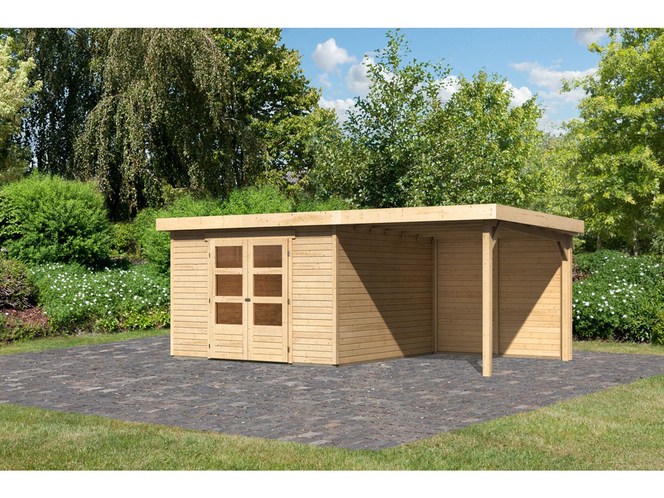 Karibu Gartenhaus Askola 6 natur mit Anbaudach 2,4 Meter - Rückwand