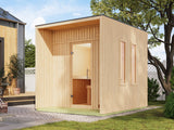 Karibu Saunahaus Laguna natur, 73 mm - inkl. 9 kW Bioofen ext. Steuerung Wifi HUUM