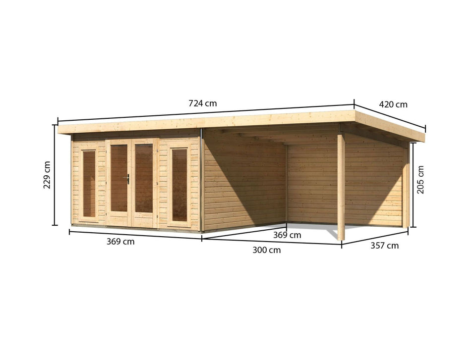 Karibu Gartenhaus Radeburg 3 natur mit Anbaudach 3,3 m und Rückwand