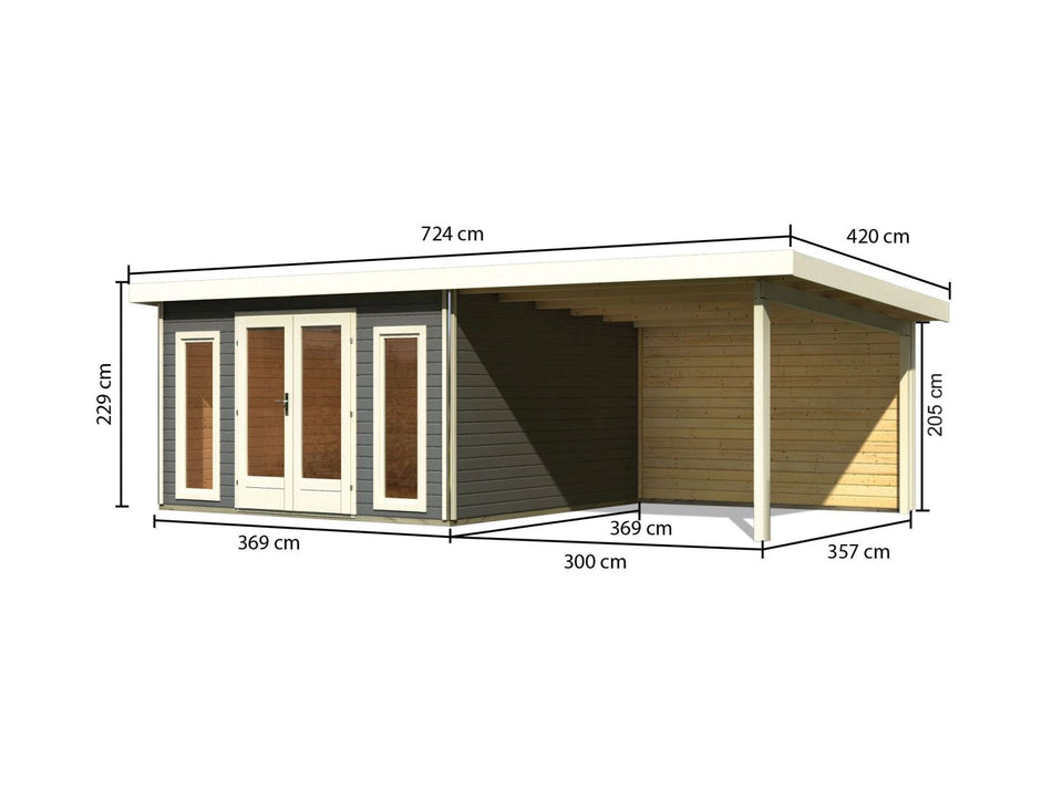 Karibu Gartenhaus Radeburg 3 terragrau mit Anbaudach 3,3 m und Rückwand