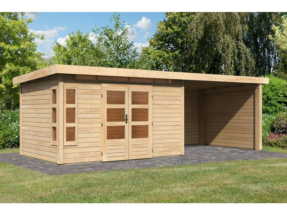 Karibu Gartenhaus Kastorf 7 - natur mit Anbaudach 3,2 m und 28 mm Seiten- und Rückwand