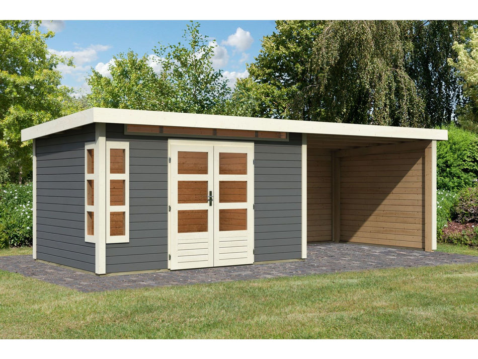 Karibu Gartenhaus Kastorf 7 - terragrau mit Anbaudach 3,2 m und 28 mm Seiten- und Rückwand
