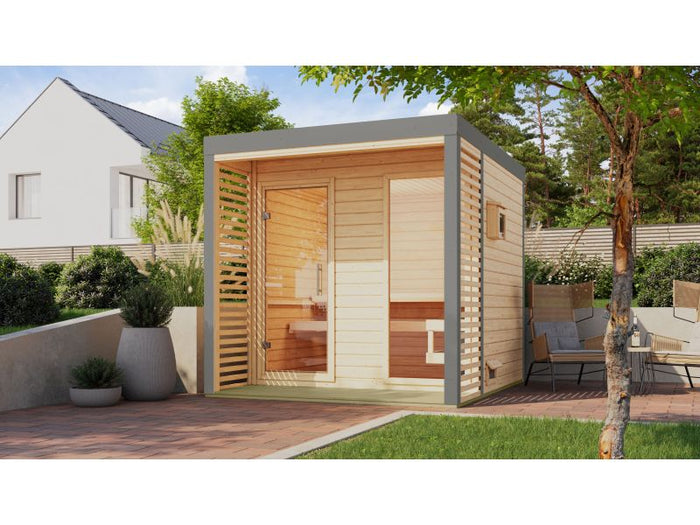 Karibu Hybrid Saunahaus Ares 2, naturbelassen/graualuminium, inkl 9 kW Ofen ext. Steuerung