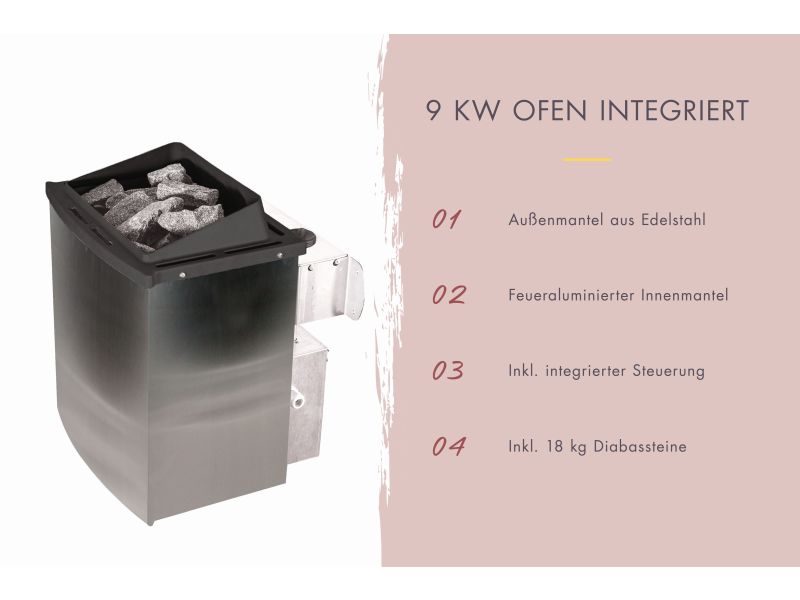 Karibu Sauna Yuma, inkl. 9 kW Ofen integr. Steuerung, mit Klarglas Ganzglastür