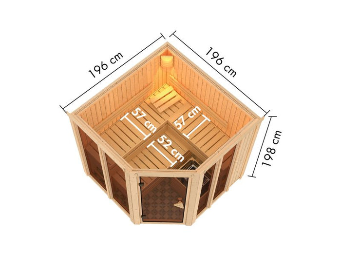 Karibu Sauna Airi, inkl. 9 kW Ofen integr. Steuerung - ohne Dachkranz -