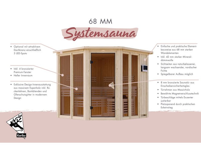 Karibu Sauna Airi, inkl. 9 kW Ofen ext. Steuerung - mit Dachkranz -
