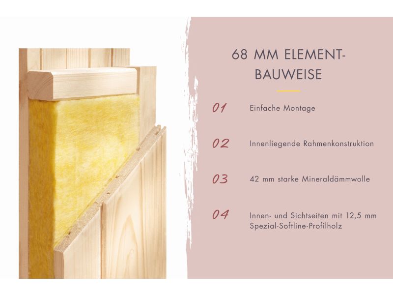 Karibu Sauna Airi, inkl. 9 kW Bioofen ext. Steuerung - mit Dachkranz -