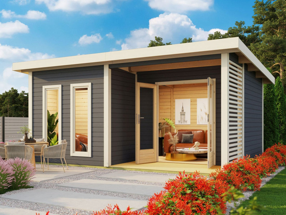 Karibu Saunahaus Mainburg 5 Set A terragrau- 9 kW Ofen ext. Strg