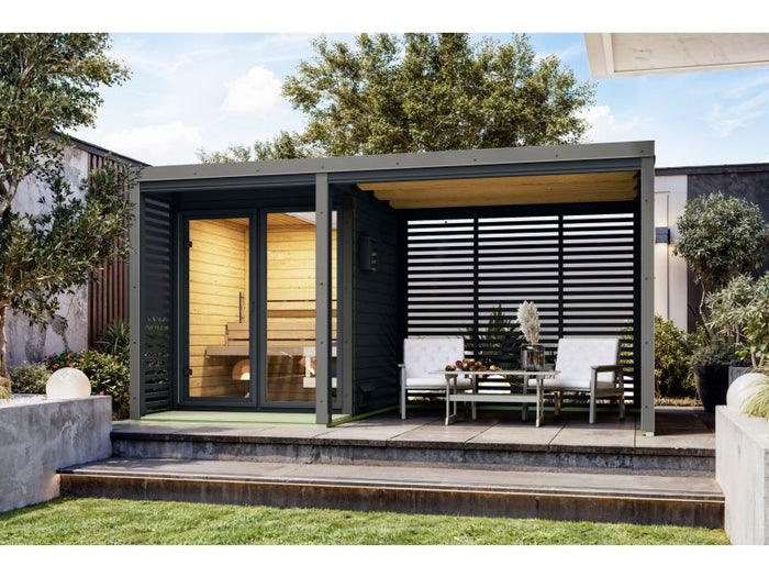 Karibu Hybrid Saunahaus Ares 1, anthrazit/graualuminium, inkl. 9 kW Bioofen ext. Steuerung