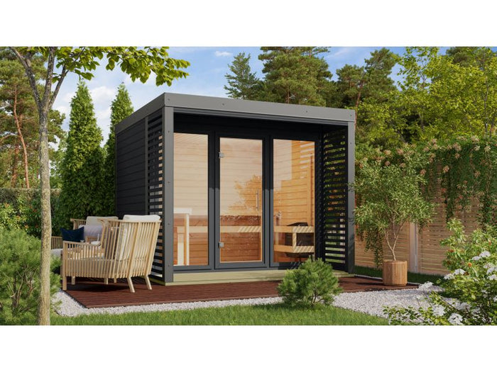 Karibu Hybrid Saunahaus Ares 3, anthrazit/graualuminium, inkl. 9 kW Bioofen ext. Steuerung