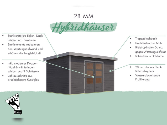 Karibu Hybrid Gartenhaus Pluto 3 A, naturbelassen/graualuminium, 28 mm, inkl. Anbaudach ca. 3m