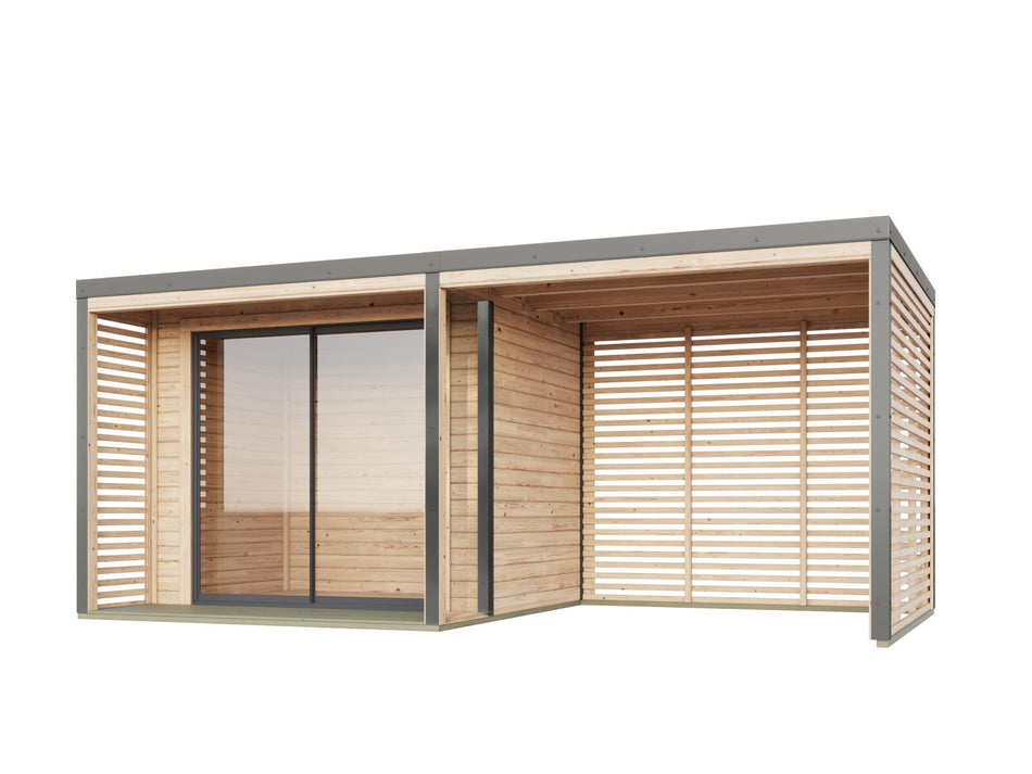 Karibu Hybrid Gartenhaus Saturn A, naturbelassen/graualuminium, 38 mm, inkl. Fußboden und Anbaudach 3m