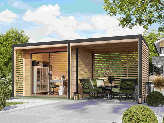 Karibu Hybrid Gartenhaus Saturn A, naturbelassen/anthrazit, 38 mm, inkl. Fußboden und Anbaudach 3m