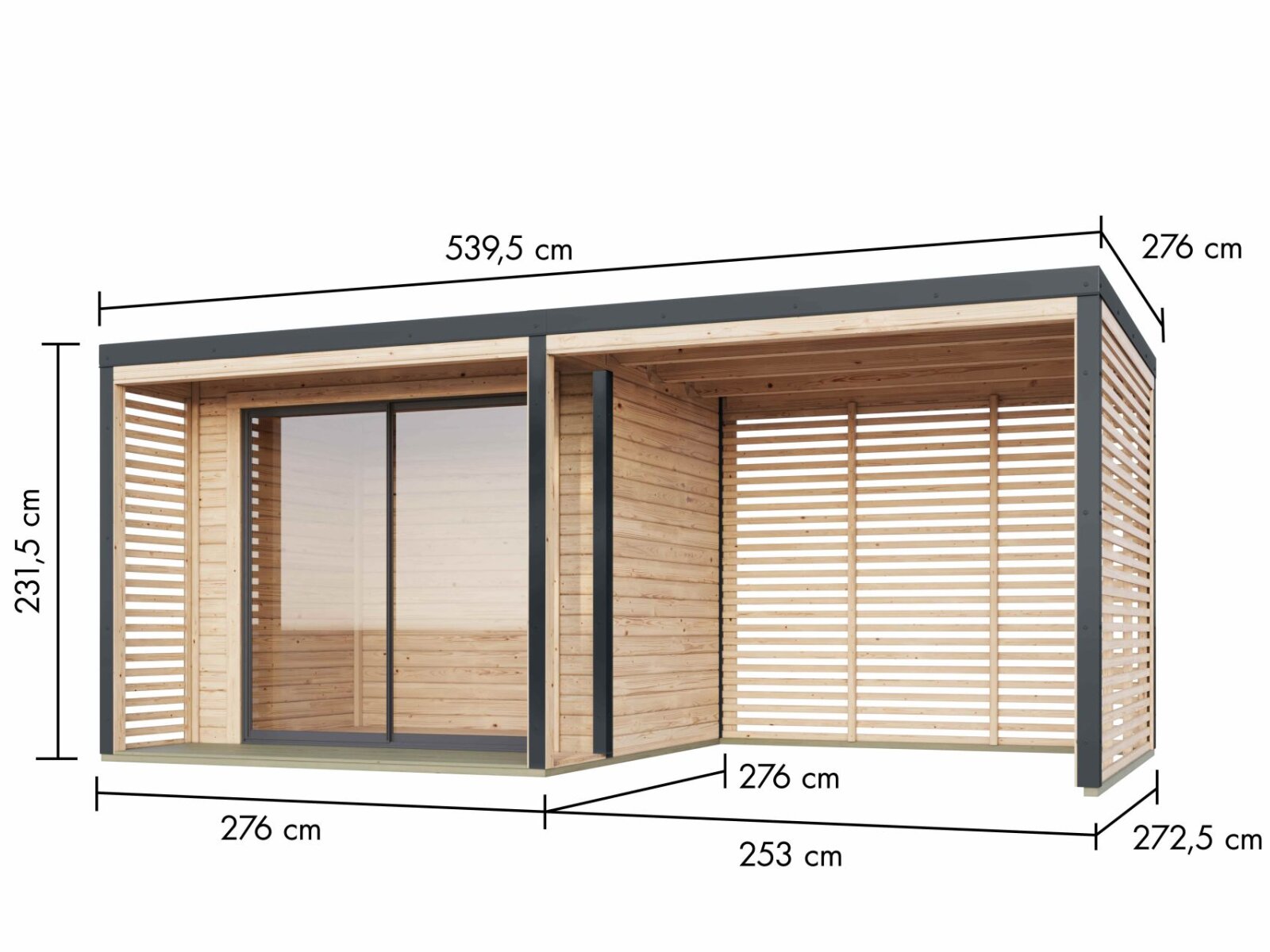 Karibu Hybrid Gartenhaus Saturn A, naturbelassen/anthrazit, 38 mm, inkl. Fußboden und Anbaudach 3m