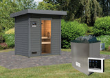 Karibu Saunahaus Caapi 2, terragrau, inkl. 9 kW Ofen finnisch ext. Steuerung, mit Klarglastür und Fußboden