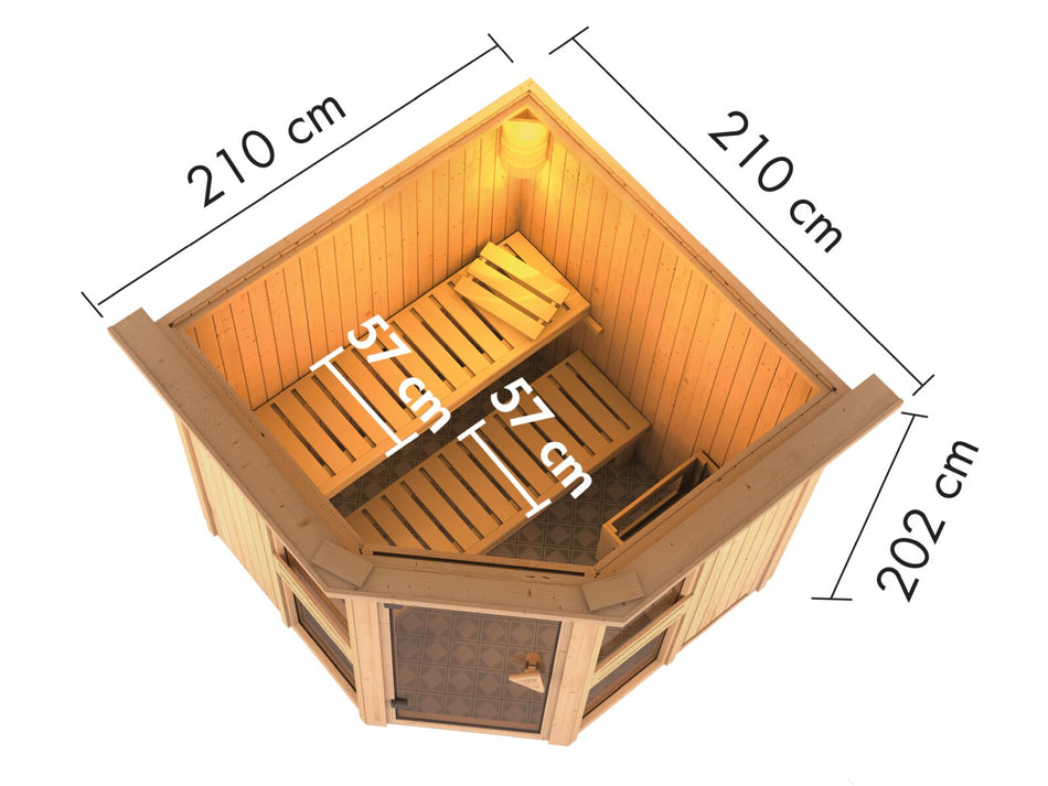 Amelia 2 - Karibu Sauna, inkl. 9 kW Bioofen ext. Steuerung Wifi HUUM - mit Dachkranz -
