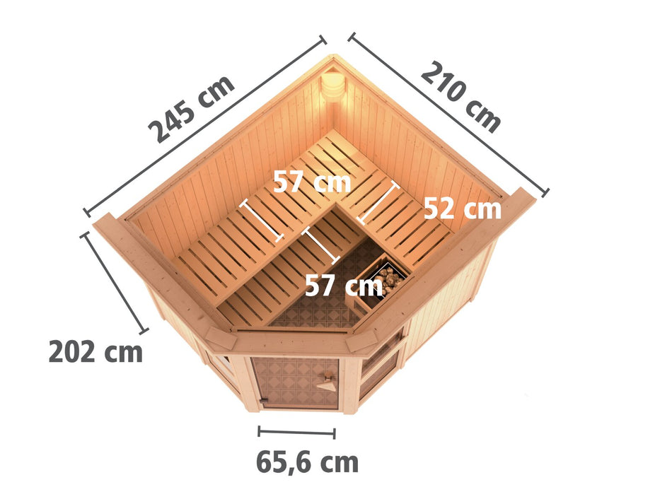 Amelia 3 - Karibu Sauna inkl. 9 kW Bioofen ext. Steuerung Wifi HUUM - mit Dachkranz -