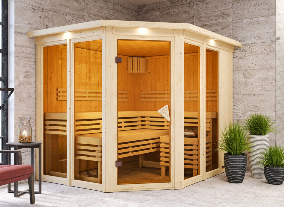Karibu Sauna Ainur 3, 68 mm, inkl. 9 kW Bioofen ext. Steuerung Wifi HUUM - mit Dachkranz -
