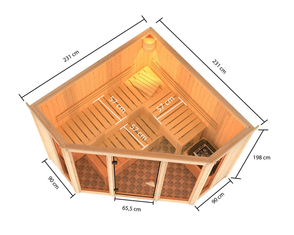 Karibu Sauna Alcinda 2, 68 mm, inkl. 9 kW Ofen ext. Steuerung Wifi HUUM - ohne Dachkranz -