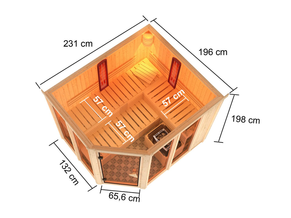 Karibu Multifunktions-Sauna Ava, inkl. 9 kW Bioofen, ext. Steuerung Wifi HUUM und Infrarotstrahler