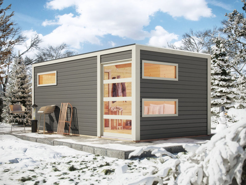 Karibu Saunahaus Hygge 38 mm- terragrau, inkl. 9 kW Bioofen ext. Steuerung Wifi HUUM
