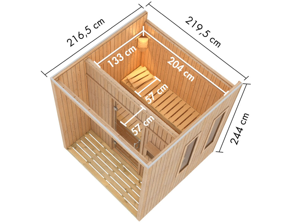 Karibu Saunahaus Arcadia, natur, 73 mm -inkl. 9 kW Bioofen ext. Steuerung Wifi HUUM
