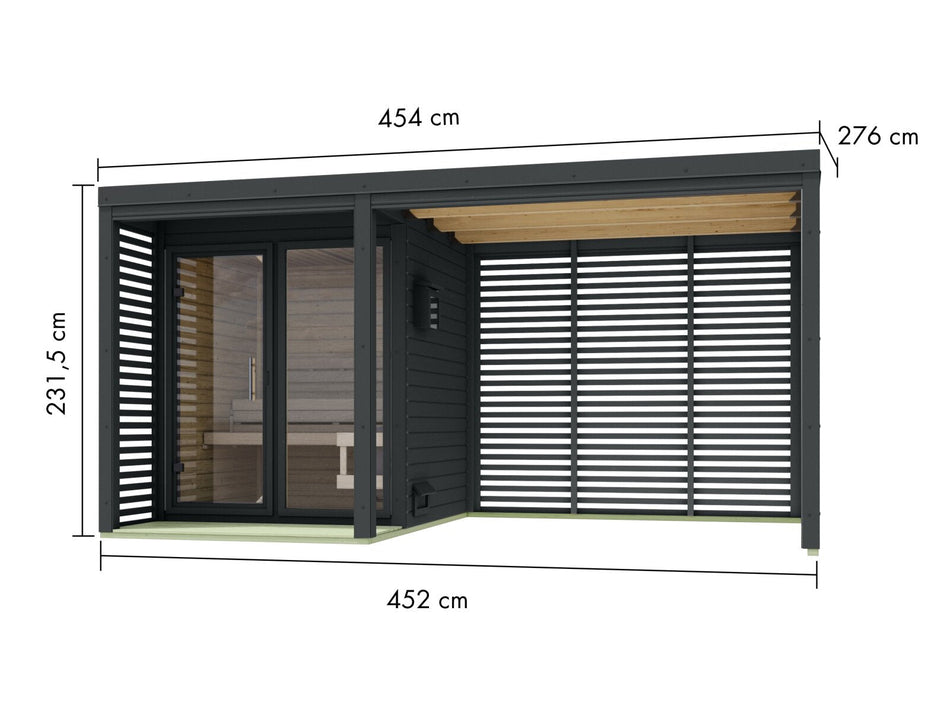 Karibu Hybrid Saunahaus Ares 1, mit Anbaudach in anthrazit/anthrazit, inkl. 9 kW Ofen ext. Steuerung Wifi HUUM