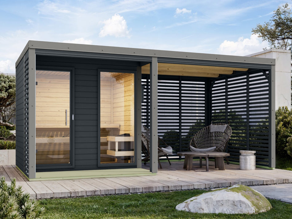 Karibu Hybrid Saunahaus Ares 2, inkl. Anbaudach in anthrazit/graualuminium -ohne Ofen-