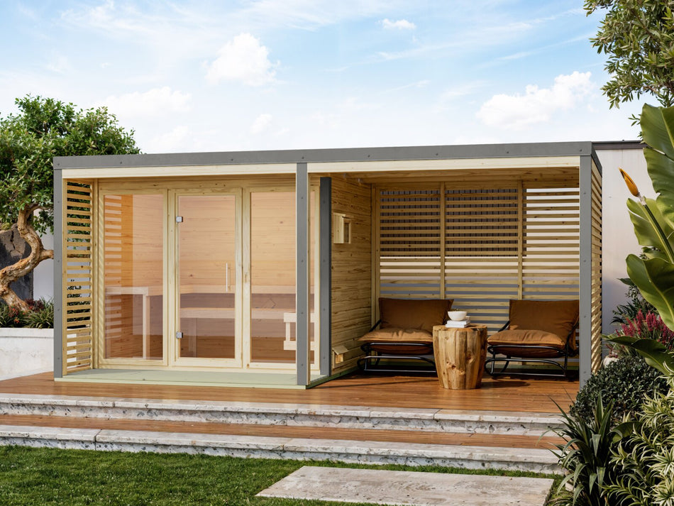 Karibu Hybrid Saunahaus Ares 3, inkl. Anbaudach in naturbelassen/graualuminium, inkl. 9 kW Bioofen ext. Steuerung Wifi HUUM