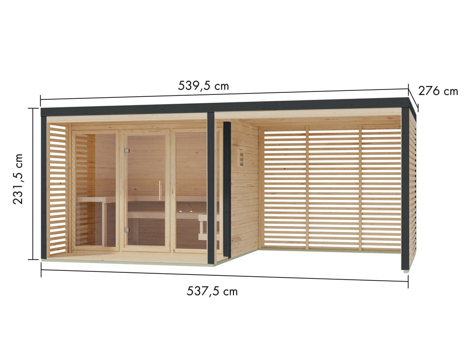 Karibu Hybrid Saunahaus Ares 3, inkl. Anbaudach in naturbelassen/anthrazit -ohne Ofen-