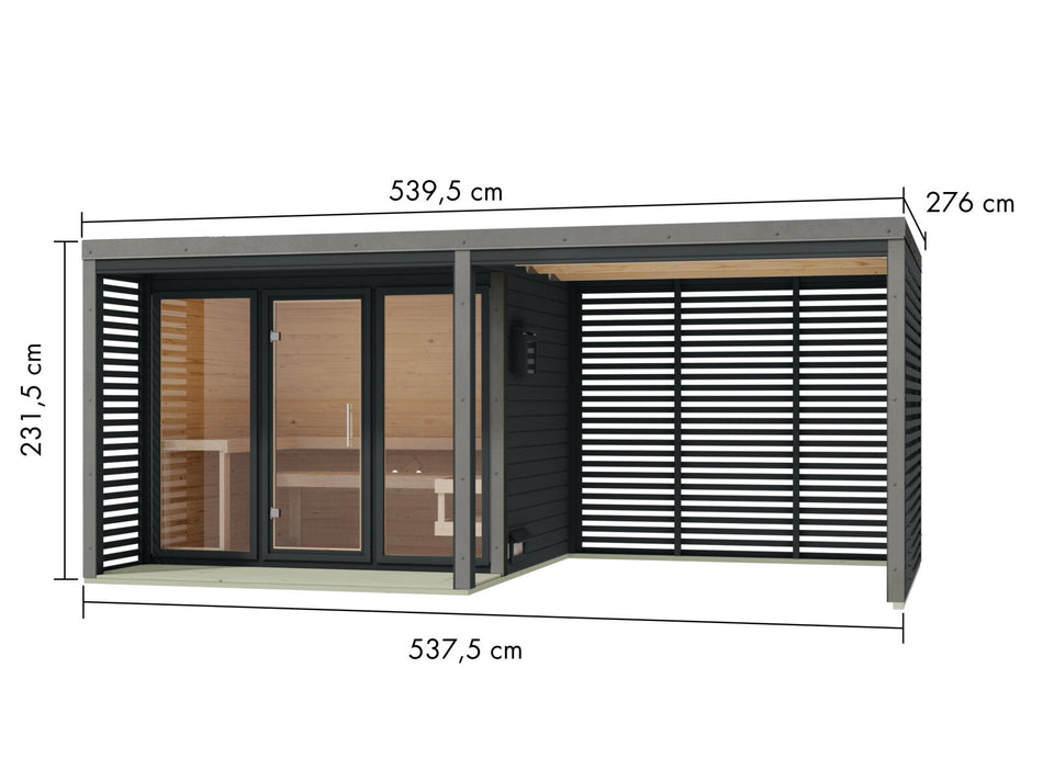 Karibu Hybrid Saunahaus Ares 3, inkl. Anbaudach in anthrazit/graualuminium, inkl. 9 kW Bioofen ext. Steuerung easy