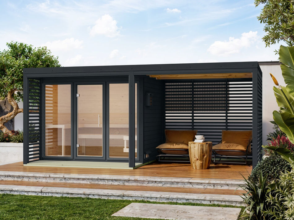 Karibu Hybrid Saunahaus Ares 3, inkl. Anbaudach in anthrazit/anthrazit, inkl. 9 kW Bioofen ext. Steuerung easy