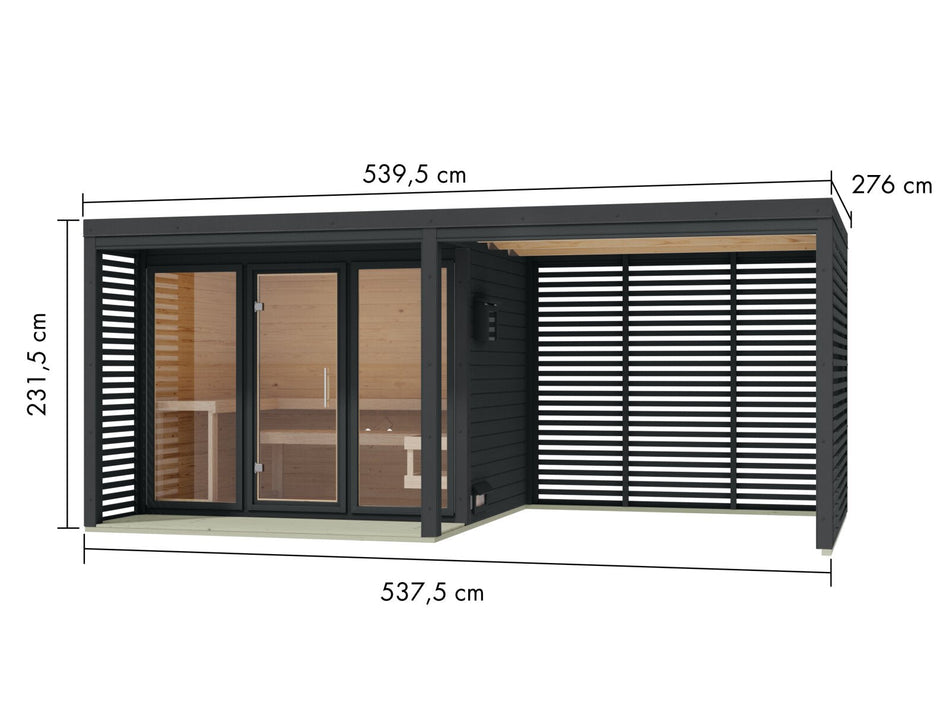 Karibu Hybrid Saunahaus Ares 3, inkl. Anbaudach in anthrazit/anthrazit, inkl. 9 kW Bioofen ext. Steuerung Wifi HUUM