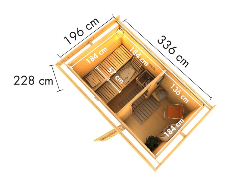 Karibu Saunahaus Skrollan 1 38 mm- 9 kW Ofen ext. Steuerung HUUM- Klassische Tür, Terragrau