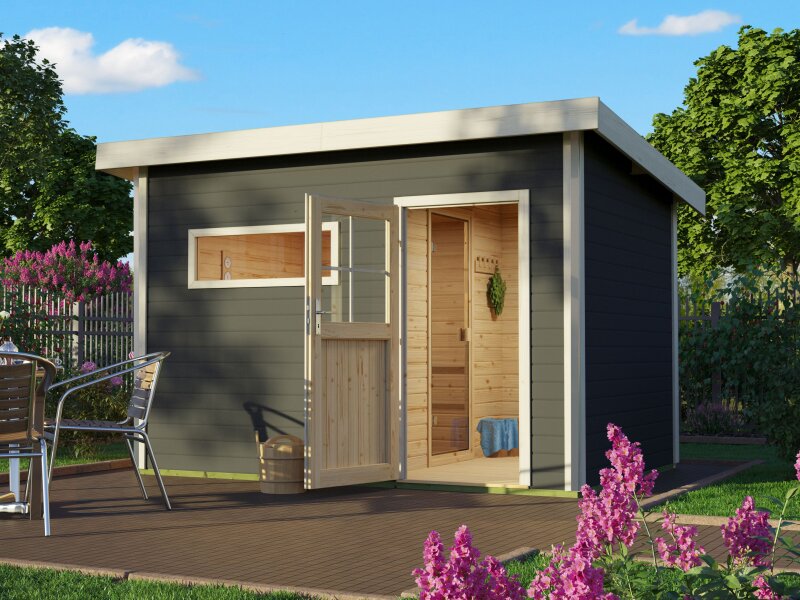 Karibu Saunahaus Skrollan 2, inkl. 9 kW Bioofen ext. Steuerung HUUM - Klassische Tür, Terragrau