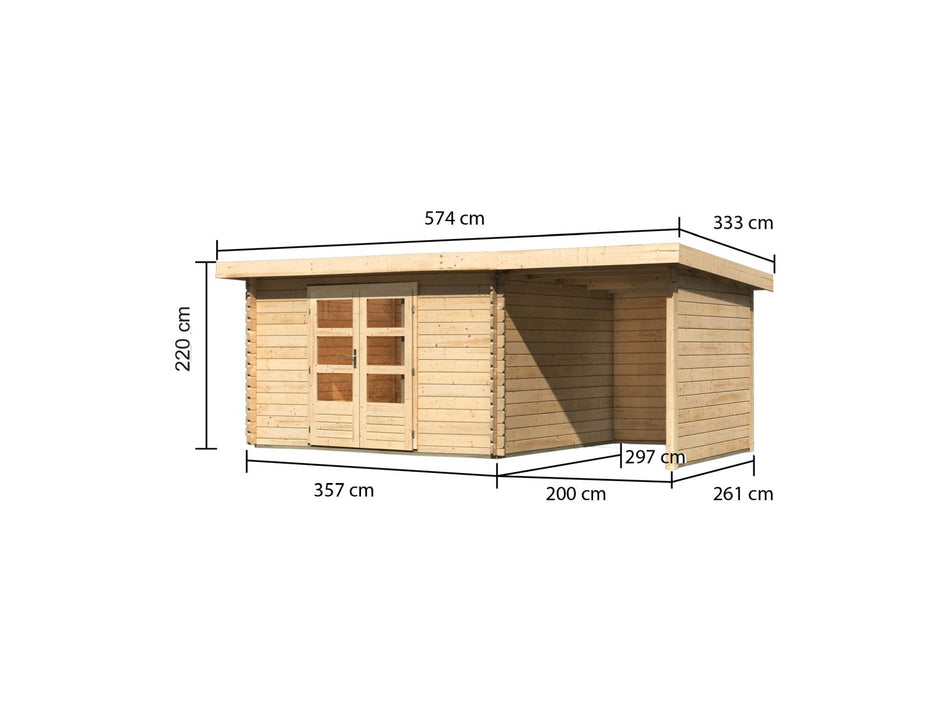 Karibu Gartenhaus Bastrup 7 mit Anbaudach 2 Meter, Rück- und Seitenwand