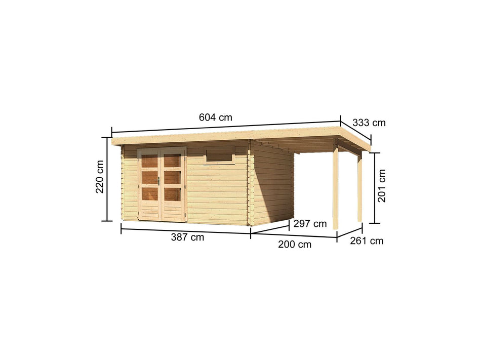 Karibu Gartenhaus Bastrup 8 mit Anbaudach 2 Meter naturbelassen