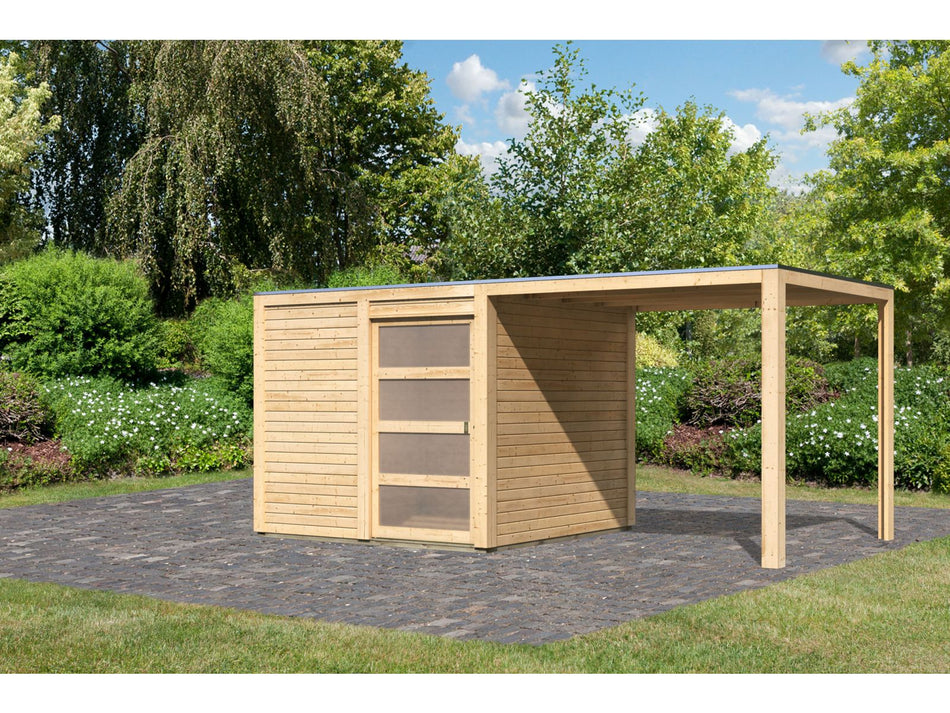 Karibu Gartenhaus Qubic natur mit Anbaudach