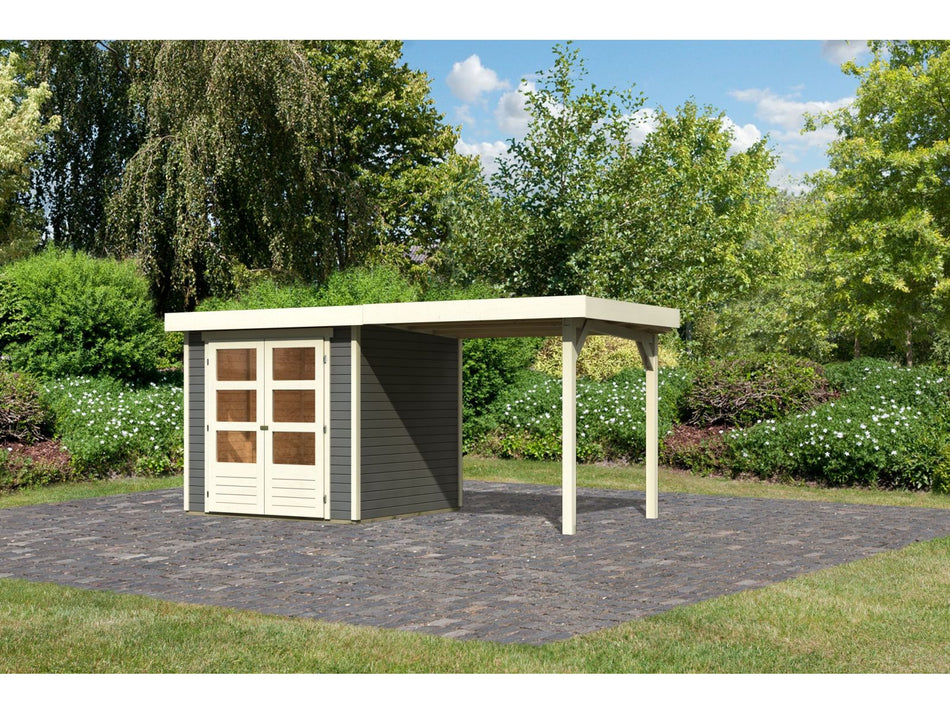 Karibu Gartenhaus Askola 2 terragrau mit Anbaudach 2,40 Meter