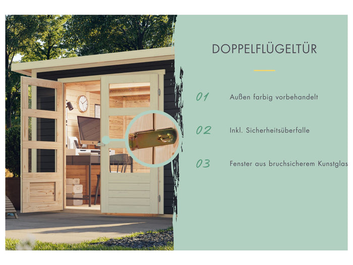 Karibu Gartenhaus Askola 3 in terragrau mit Anbaudach 2,40 Meter, Seiten- und Rückwand