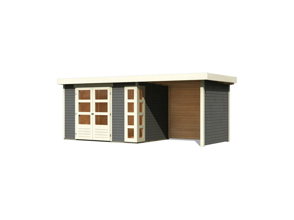 Karibu Gartenhaus Kerko 4 in terragrau mit Anbaudach 2,40 m und Rück-und Seitenwand