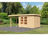 Karibu Gartenhaus Retola 2 natur mit Anbauschrank und 2,40 Meter Anbaudach