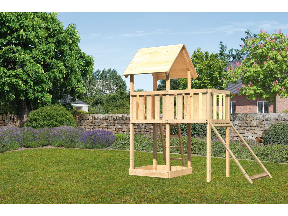 Karibu Spielturm Lotti natur mit Anbauplattform und Netzrampe