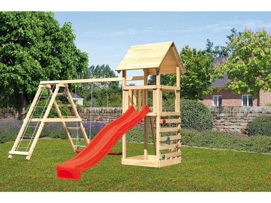 Karibu Spielturm Lotti- Doppelschaukel mit Klettergerüst, Kletterwand und Rutsche in rot