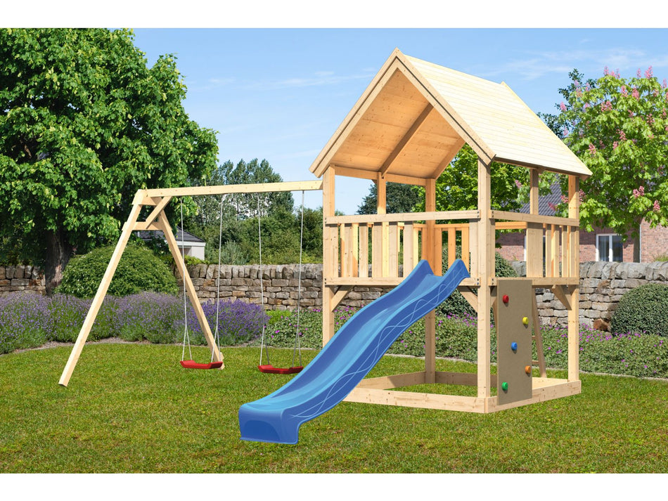 Karibu Spielturm Luis Satteldach + Rutsche blau + Doppelschaukel + Kletterwand