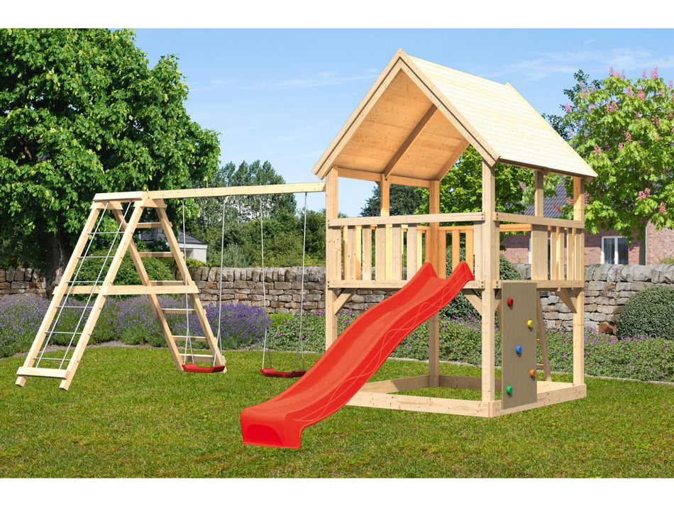 Karibu Spielturm Luis Satteldach + Rutsche rot + Doppelschaukelanbau Klettergerüst + Kletterwand