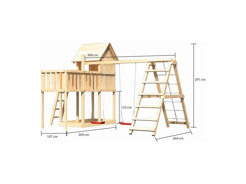 Karibu Stelzenhaus Frieda + Doppelschaukelanbau Klettergerüst + Anbauplattform