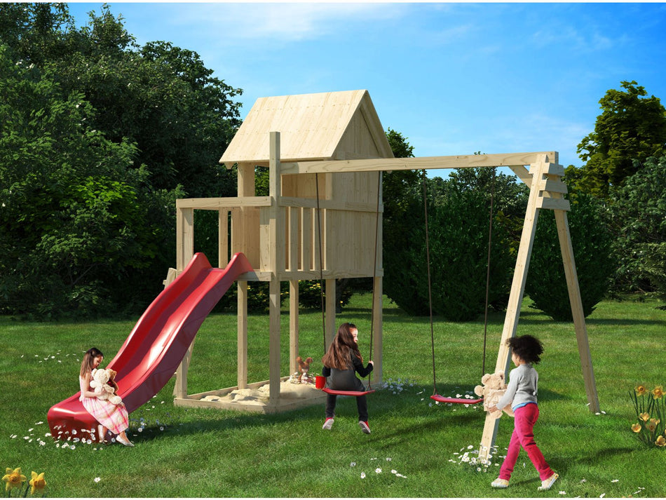 Karibu Stelzenhaus Frieda + Rutsche rot + Doppelschaukel