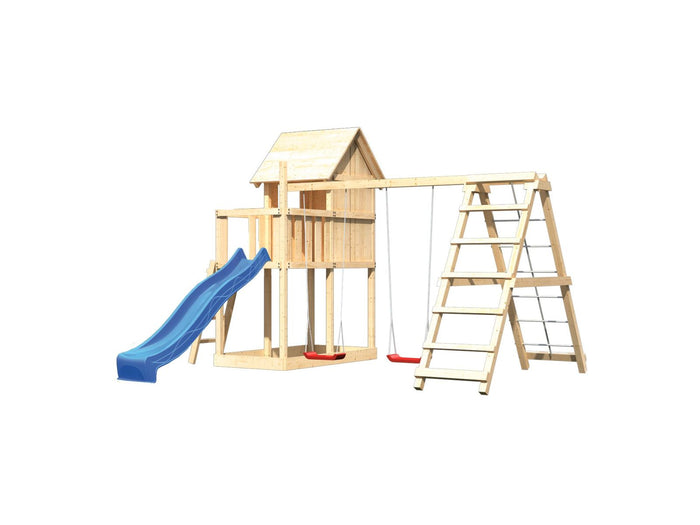 Karibu Stelzenhaus Frieda + Rutsche blau + Doppelschaukelanbau Klettergerüst